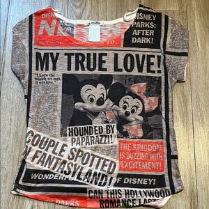 Disney Newspaper-Print Mickey & Minnie Tee - Black & Coral